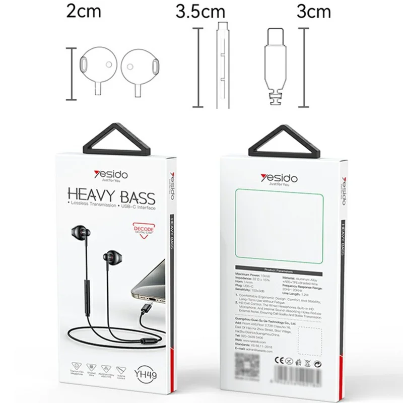 YESIDO YH49 Type-C Digital Ohrhörer verlustfreie Audio-Kabelgebundene Ohrhörer für Desktop / Notebook / Tablet / Handy - Schwarz