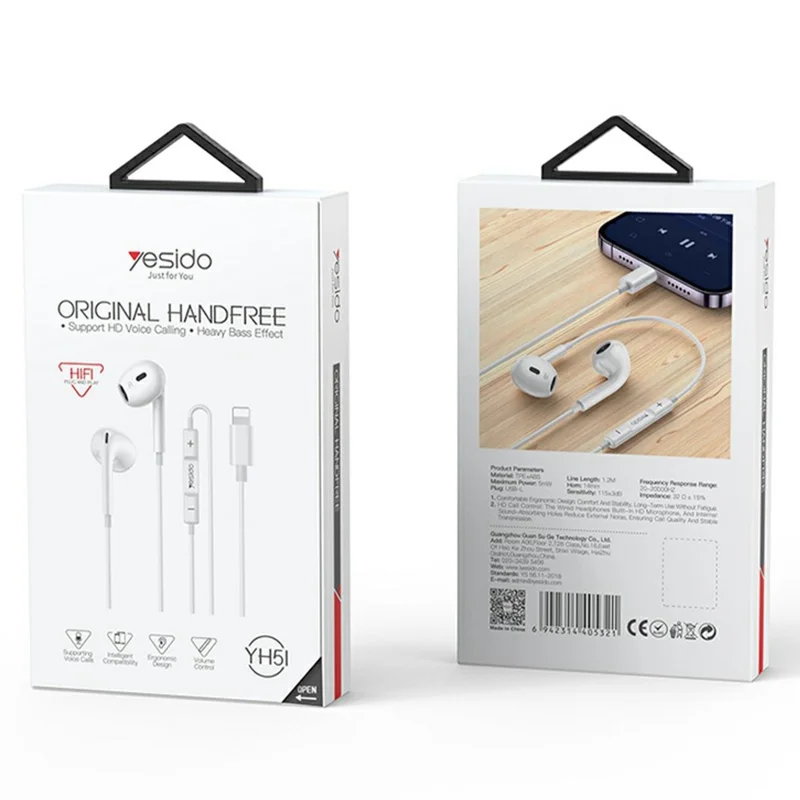 YESIDO YH51 Wired Earphones with iP Connector In-Ear Headphones 14mm Dynamic Driver  /  Multifunction Control - White