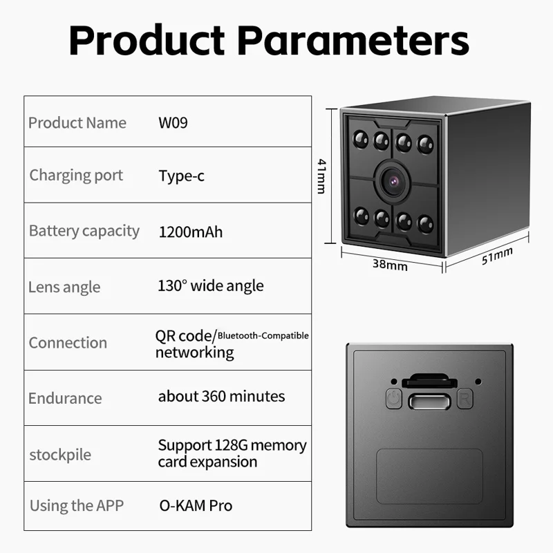 W09 WiFi HD Mini nattevision-kamera med fjernovervågning og bevægelsesdetektering, 1080P sikkerhedskamera - Sort