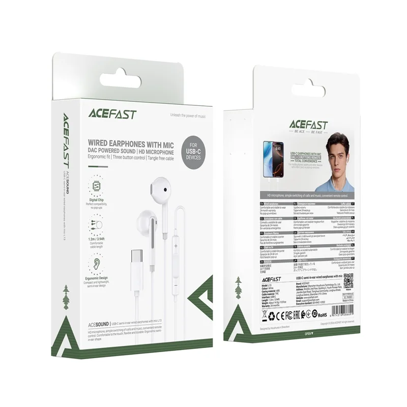 ACEFAST L13 USB-C Semi-in-ear Wired Earphone HD Microphone 3-Button Control Headphone - White