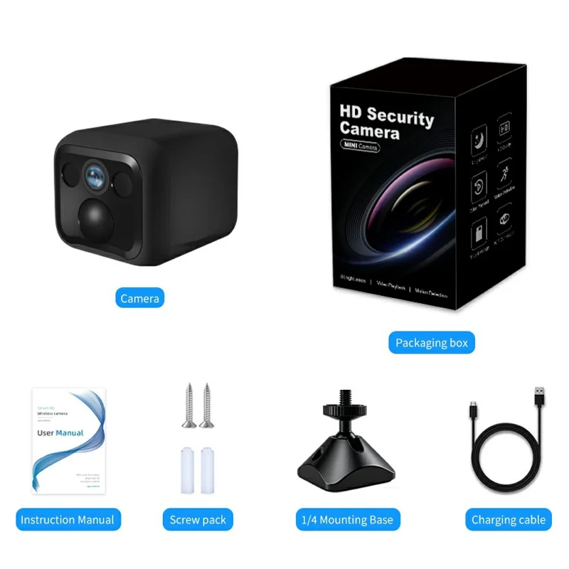 B01 Mini WiFi Security Camera 3MP HD 1080P Night Vision PIR Human Detection Wireless Safety Camera for Home Outdoor - Black