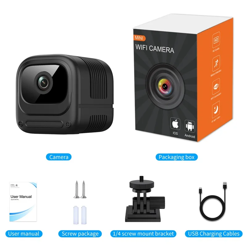 W08 WiFi Mini Camera HD 1080P Infrared Night Vision Motion Detection 130 Degree View Security Cam for Home - Black
