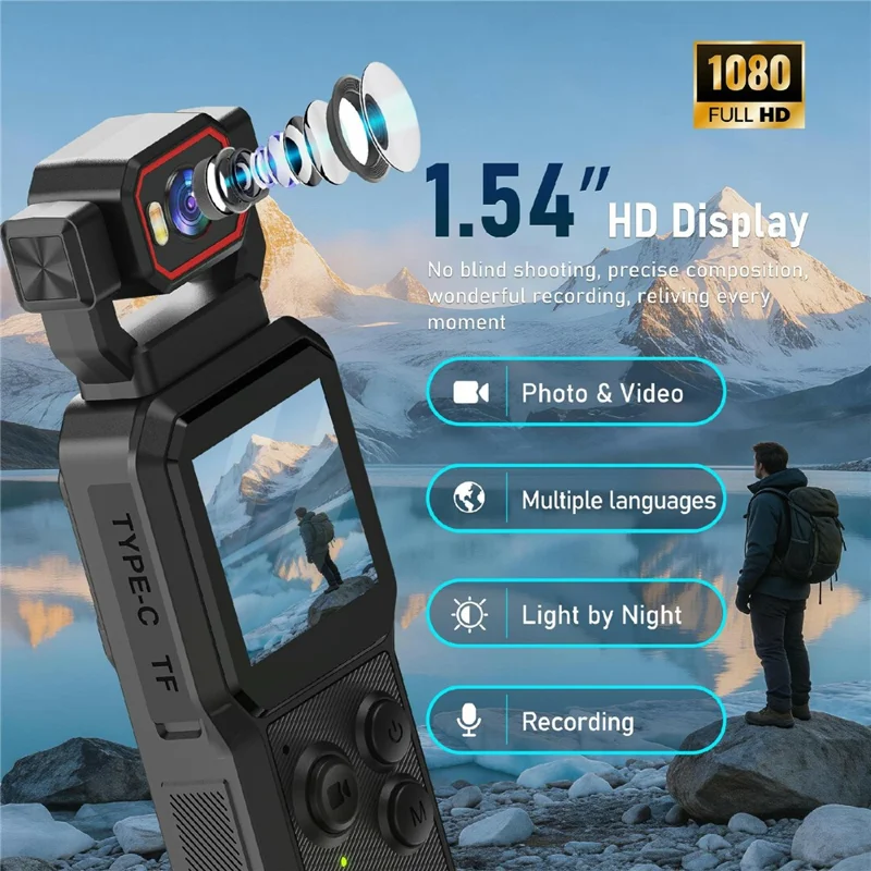 D1 1.54 Inch HD Screen Portable Handheld Camera 4K HD Recording WiFi Bluetooth-compatible Vlogging Camera for Sports - Black