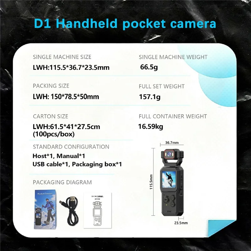 D1 1.54 Inch HD Screen Portable Handheld Camera 4K HD Recording WiFi Bluetooth-compatible Vlogging Camera for Sports - Black