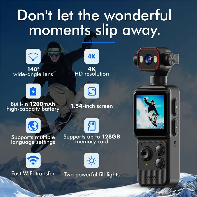 D2 4K Action Camera 270 Degree Rotating Lens 1.54 Inch HD Screen WiFi Sports Camera with LED Light - Black