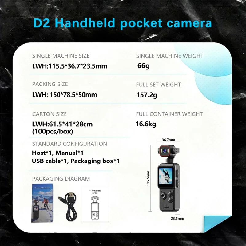 D2 4K Action Camera 270 Degree Rotating Lens 1.54 Inch HD Screen WiFi Sports Camera with LED Light - Black
