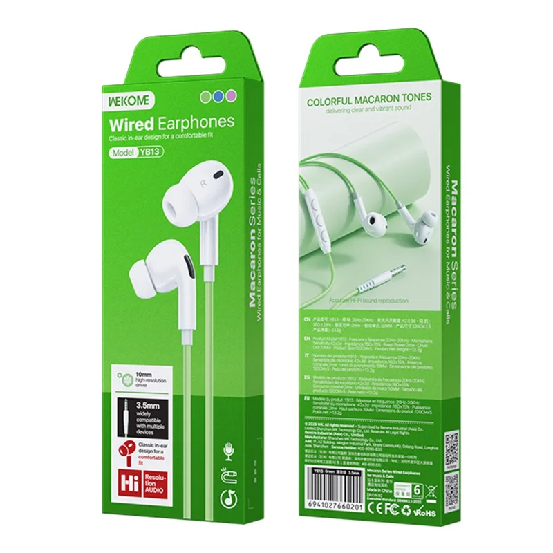 WEKOME YB13 Macaron Series 3.5mm Wired Earphone 10mm Driver Line Control Headphone for Music Calls - Green