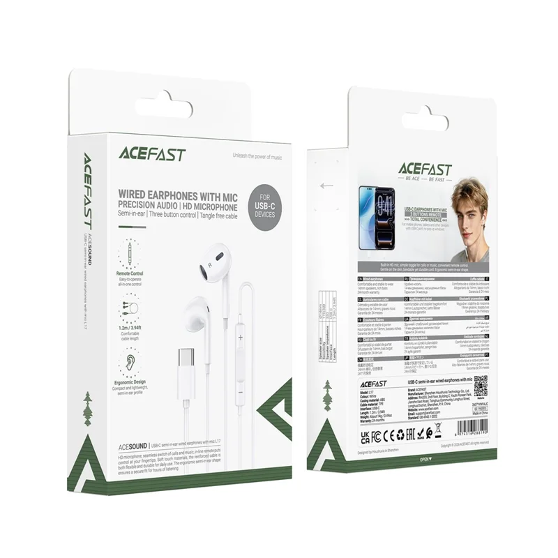 ACEFAST L17 1.2m USB-C Wired Earphones Semi-In-Ear with Mic Three-Button Control - White