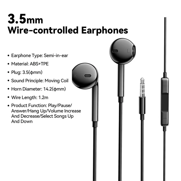 ESSAGER EJ01 3.5mm Wired Control Deep Bass Earphone 1.2m Music Mobile Phone Headset Earbuds for iPhone Huawei - Black