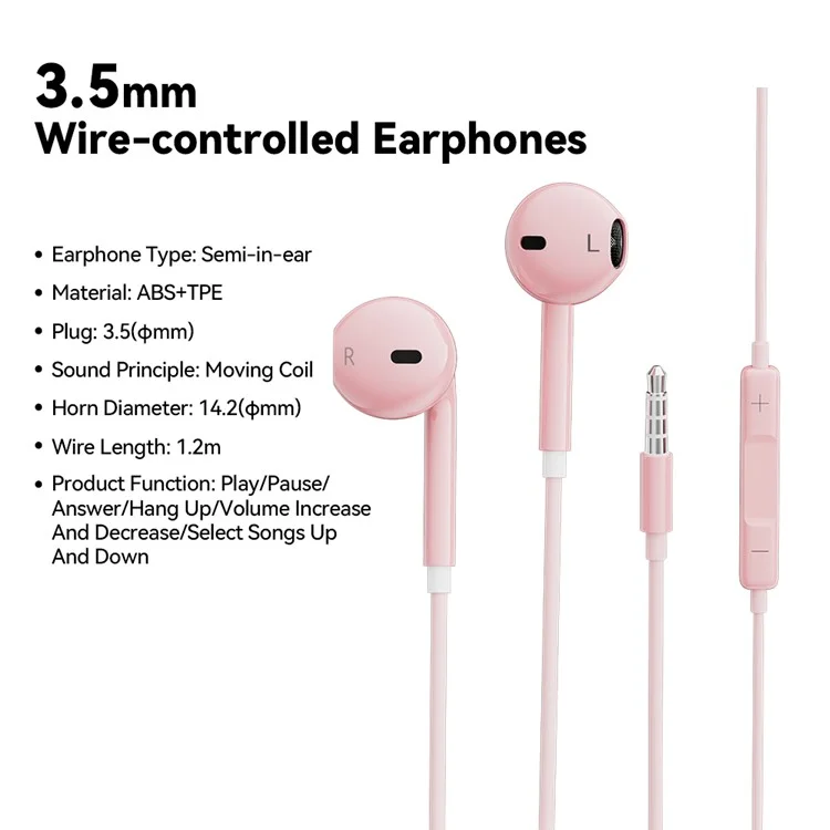 Essager EJ01 3.5mm Controle Com Fio Profundo Fone De Ouvido Bass 1,2m Música Celular Fone De Ouvido Fone De Ouvido Para IPhone Huawei - Cor De Rosa