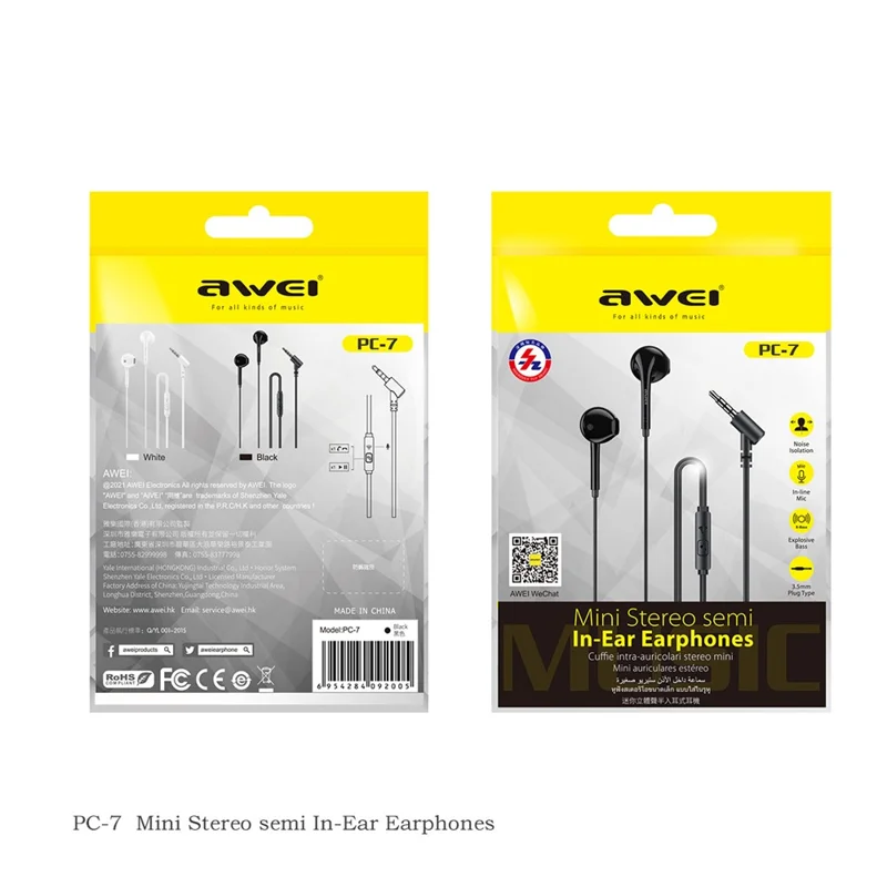 AWEI PC-7 3.5mm Wired Earphones In-ear Mobile Phone Music Headset with Mic Line Control - White