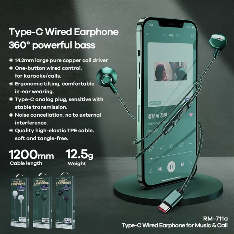 REMAX RM-711a Microfone de Chamada Musical Fone de Ouvido com Graves Poderosos Tipo-C Fone de Ouvido com Fio - Preto