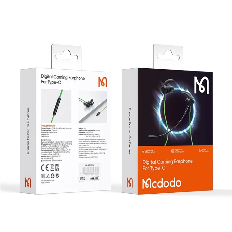 MCDODO HP-134 Type-C Digital Game Earphone Line Control Stereo Wired Headphone with Dual Mic - Verde