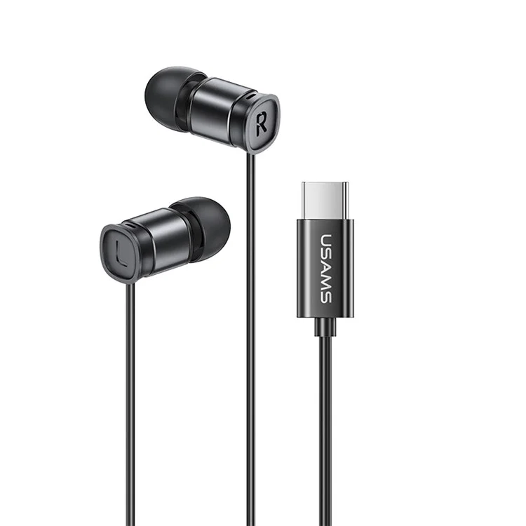 USAMS EP-46 Mini Type-C In-ear Headphone Wired Aluminum Alloy Headset HiFi Sound Earphone with 1.2m Cable - Black