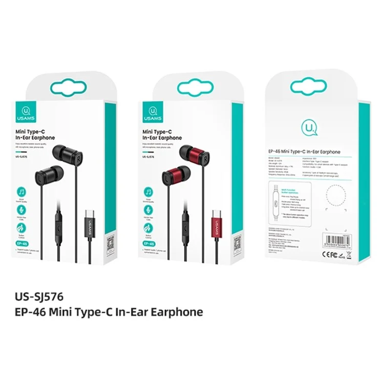 USAMS EP-46 Mini Type-C In-Ear Cuffie Auricolare In Lega In Lega Di Alluminio HIFI Auricolare Hifi Con Cavo Da 1,2 M - Nero