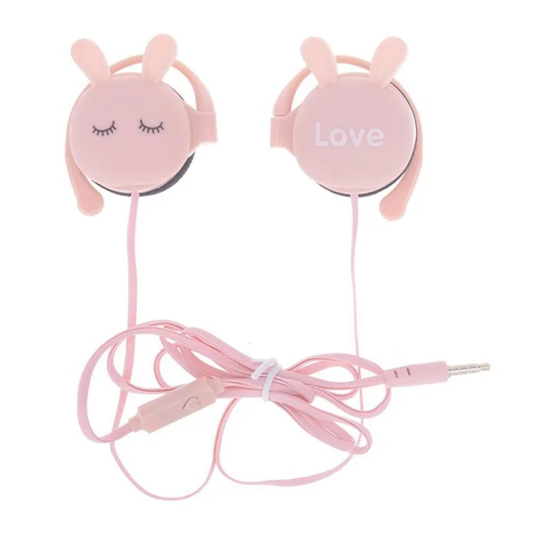 Cartoon Rabbit Earbuds Wired Over Ear Headphones Clip Walking Gym Headset with Microphone - Pink