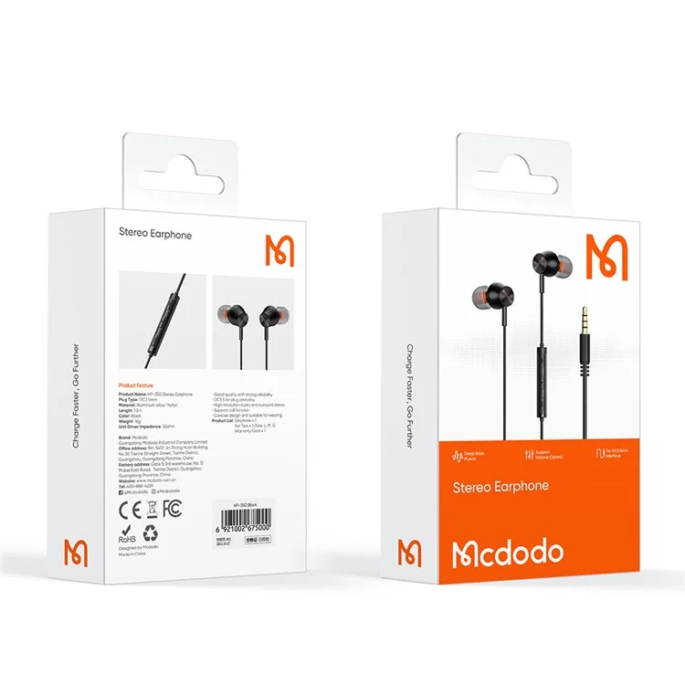 MCDODO HP-3500 MDD Wired Headphone with Microphone Volume Control 3.5mm Jack Stereo Sound Earphone - Black