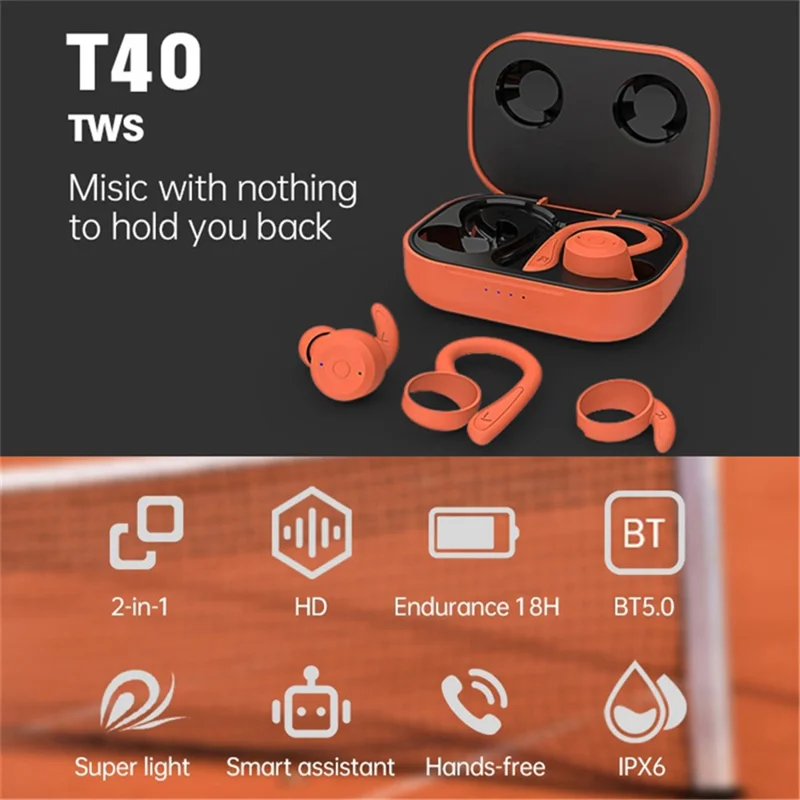 T40 Ear Hook Wireless Earphone IPX6 Waterproof Hands-free Touch Control Bending Sports Earbuds - Blue