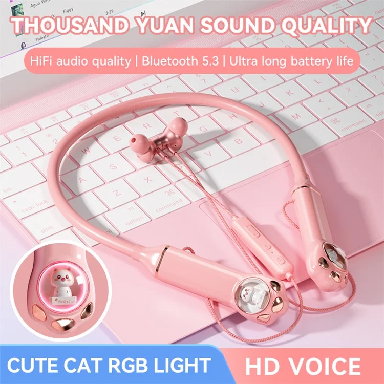 K1692 Neck-mounted Noise Canceling Bluetooth-compatible Earphone Cat Space Capsule RGB Light Wireless Headphone - Pink