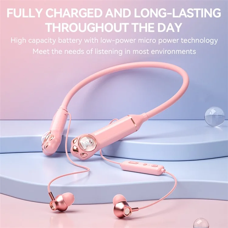 K1692 Neck-mounted Noise Canceling Bluetooth-compatible Earphone Cat Space Capsule RGB Light Wireless Headphone - Pink