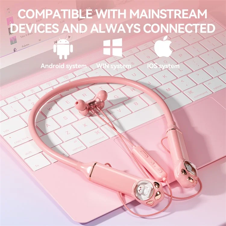 K1692 Neck-mounted Noise Canceling Bluetooth-compatible Earphone Cat Space Capsule RGB Light Wireless Headphone - Pink
