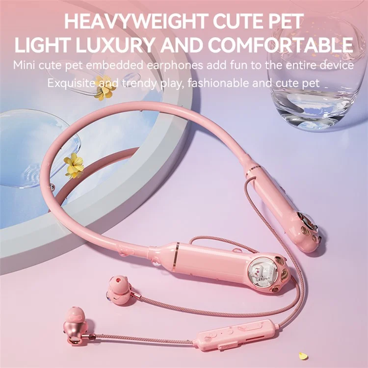K1692 Neck-mounted Noise Canceling Bluetooth-compatible Earphone Cat Space Capsule RGB Light Wireless Headphone - Pink