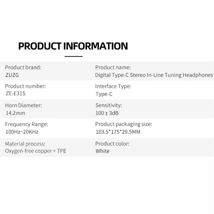 ZUZG ZE-E31S Digital Type-C Wired Headset Stereo Corded Earbuds Music Headphones with HD Microphone