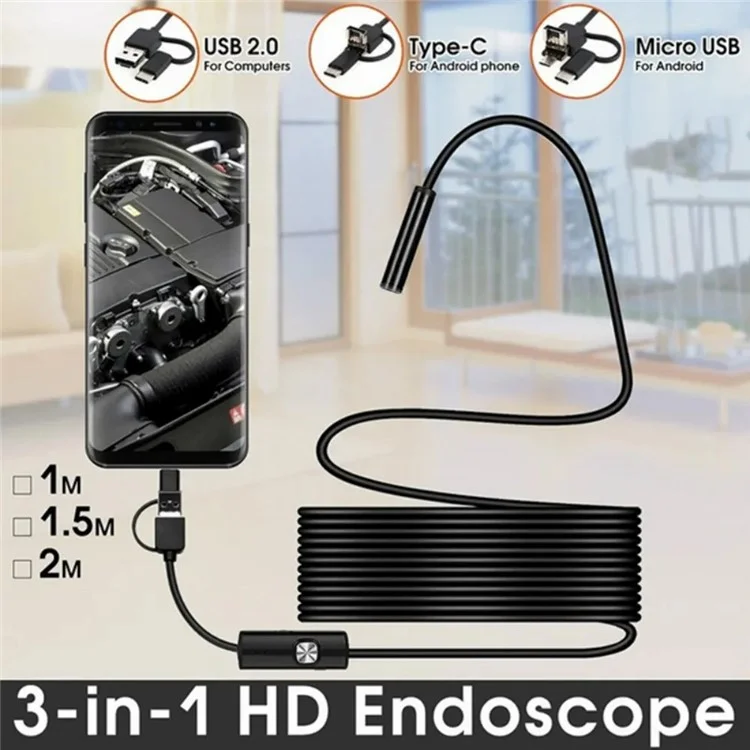 3.5m Hard Wire 3-in-1 Micro USB Endoscope Type-C 7mm Camera USB Cell Phone Endoscope Waterproof Borescope