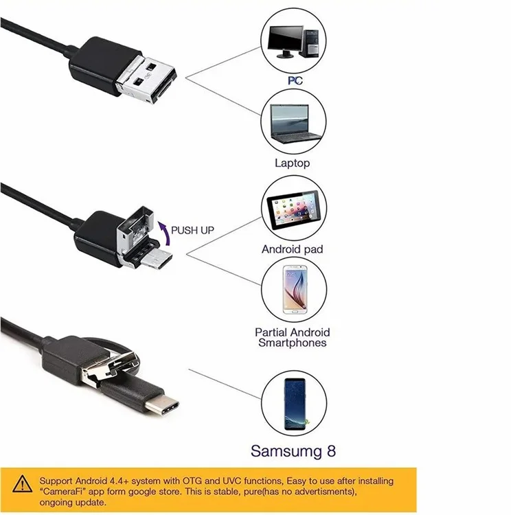 5m Fio Flexível Tipo C+usb+micro USB Endoscópio 7mm Borescópio Industrial Para Otg, Tablet