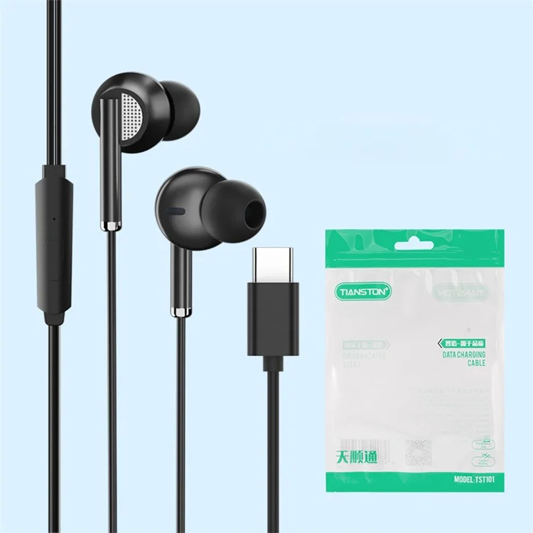 TIANSTON E51 Type-C Wired In-ear Earphone Wire Control Music Calling Headset - Black