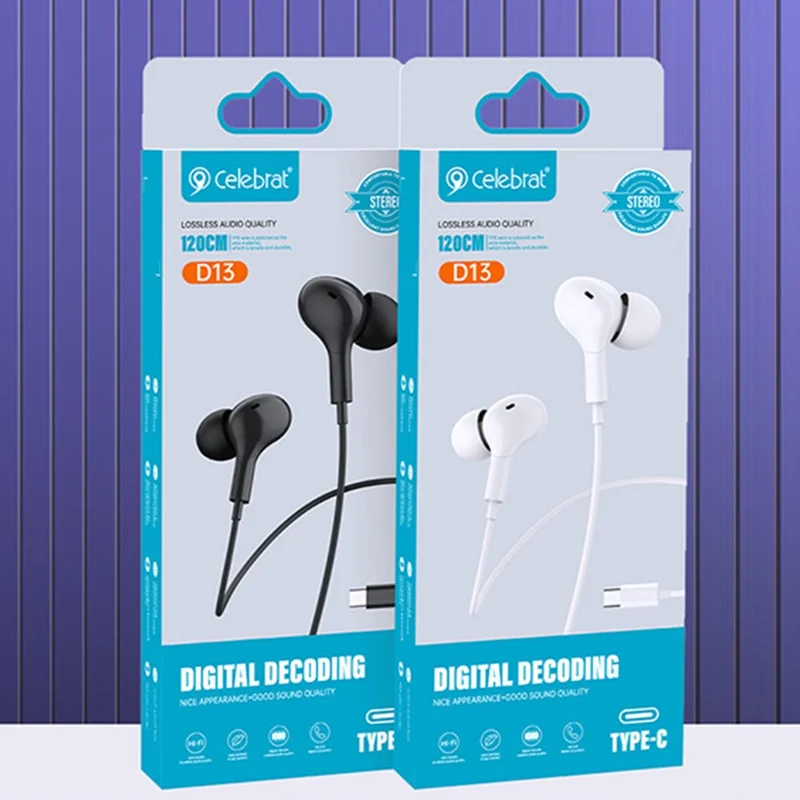 CELEBRAT D13 Type-C Wired Earphone Digital Decoding Stereo Music Headset with Mic - White