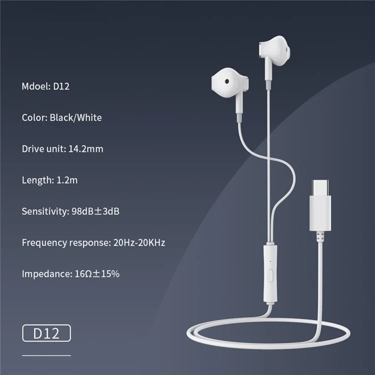 CELEBRAT D12 Écouteurs filaires Type-C Stéréo Hi-Fi Casque pour Téléphone - Noir 