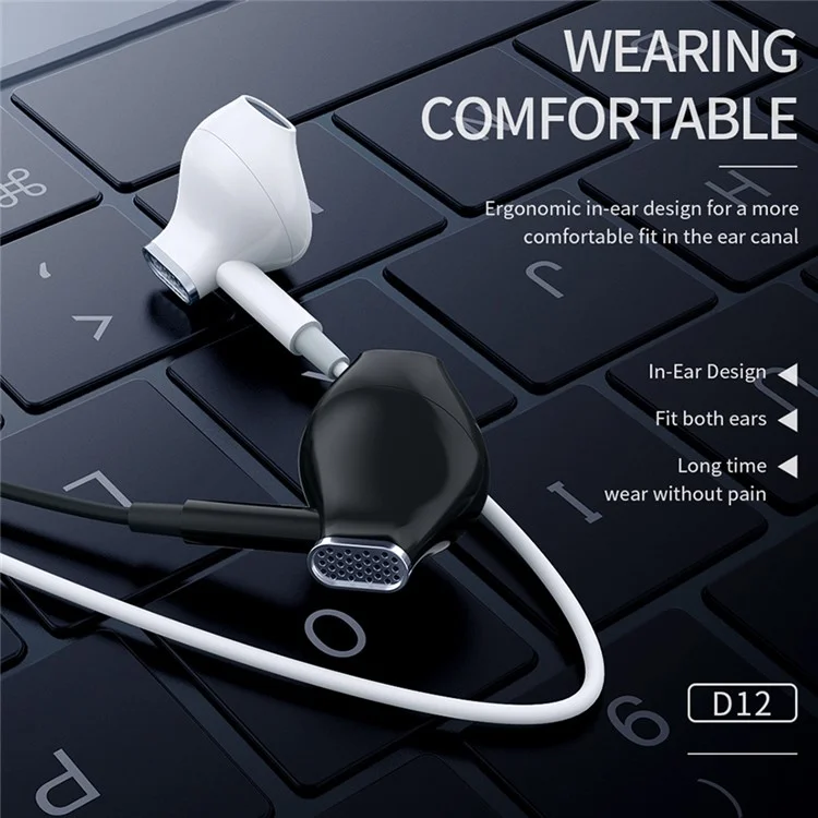 CELEBRAT D12 Écouteurs filaires Type-C Stéréo Hi-Fi Casque pour Téléphone - Noir 