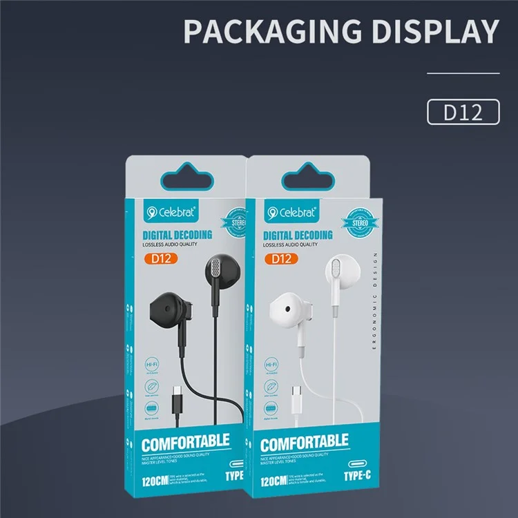 CELEBRAT D12 Type-C Wired Earphone HiFi Stereo Phone Music Headset - White
