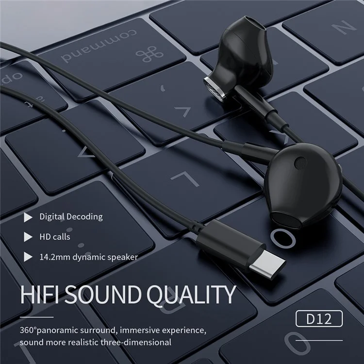 CELEBRAT D12 Type-C Wired Earphone HiFi Stereo Phone Music Headset - White