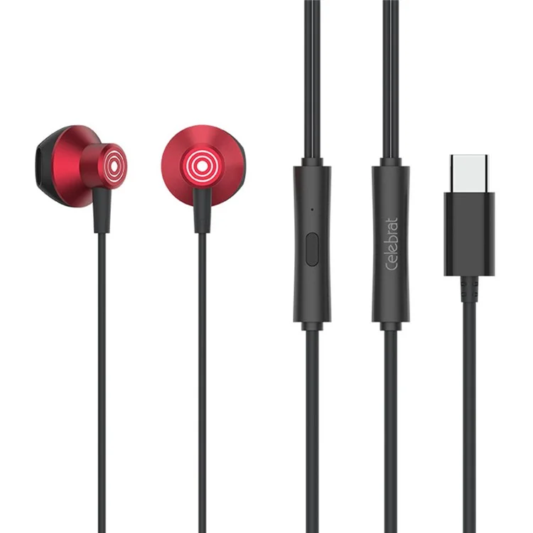 CELEBRAT D14 Metal Shell Type-C Wired Earphone Stereo Phone Music Headset - Rojo