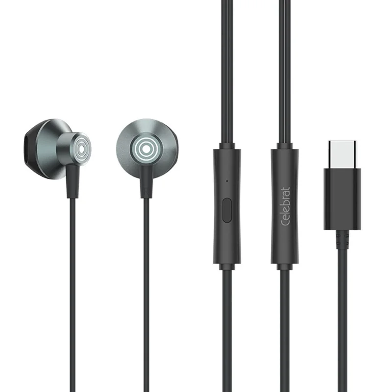 CELEBRAT D14 Metal Shell Type-C Wired Earphone Stereo Phone Music Headset - Black