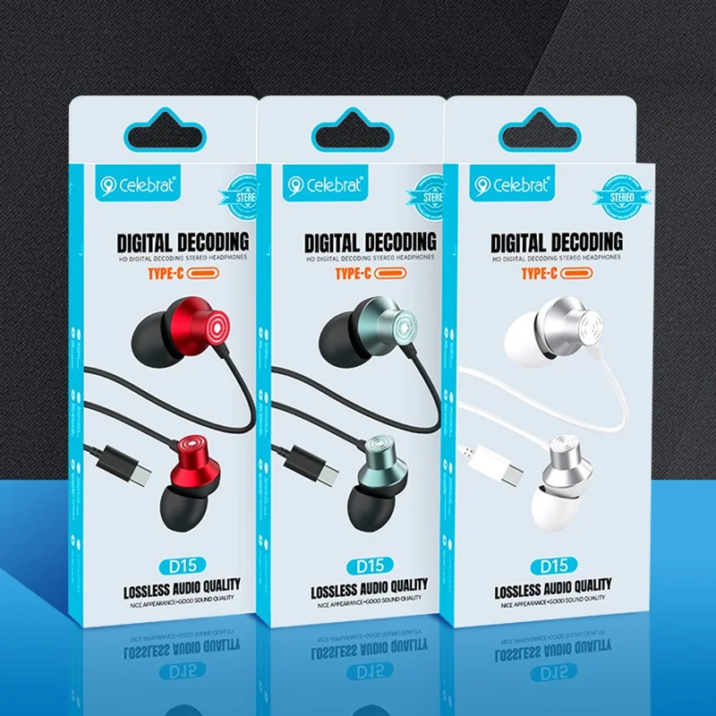 CELEBRAT D15 Type-C Wired Earphone Stereo Wire Control Phone Music Headset - Red