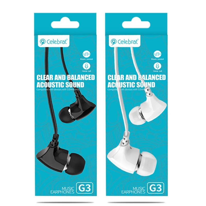 CELEBRAT G3 Wide Cable 3.5mm In-ear Earphone Stereo Music Calling Phone Headset - White