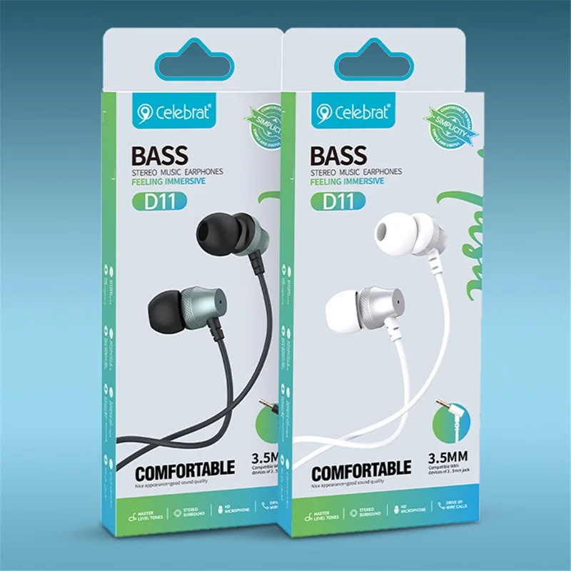 CELEBRAT D11 3,5 mm stereo huvudtelefoner med kabelkontroll, hörlurar, öronproppar - Vit