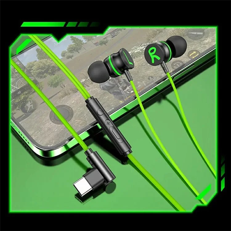 P08 Elbow Type-C Wired Earphones with Mic Magnetic In-ear Gaming Headphones - Green