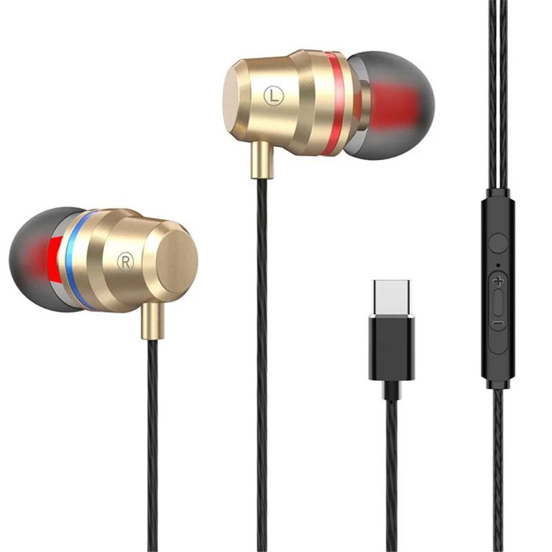 Type-C Wired Headset In-Ear Metal Bass Sound Earbud Music Headphone with Volume Control - Gold
