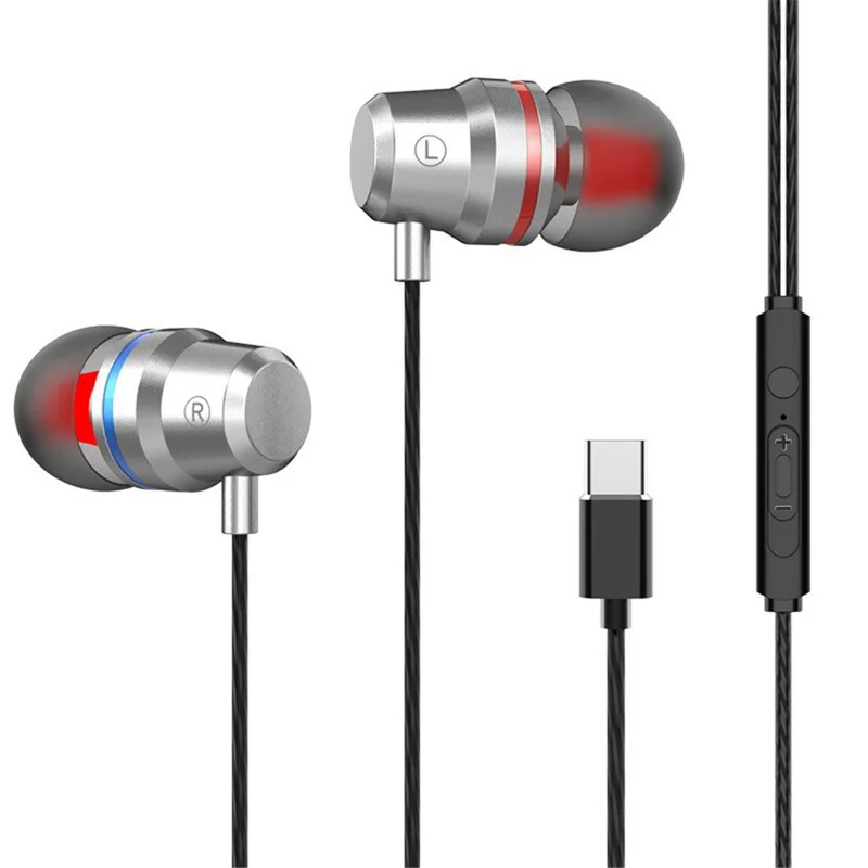 Type-C Wired Headset In-Ear Metal Bass Sound Earbud Music Headphone with Volume Control - Silver