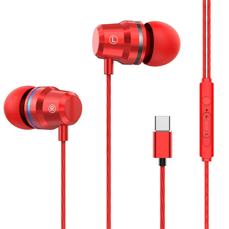 Type-C Wired Headset In-Ear Metal Bass Sound Earbud Music Headphone with Volume Control - Red