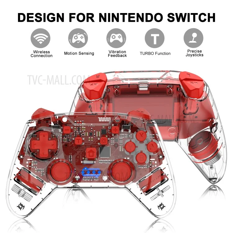Transparent Wireless Bluetooth-compatible Gamepad Game Joysticks Controller for N-Switch Pro NS-Switch Lite  - Red