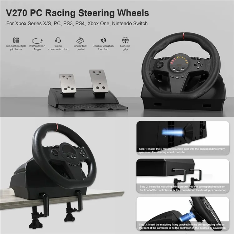 TOPWOLF HS-GT100 Controlador de juego de simulación de volante de coche para Nintendo Switch / Xbox / PS4 / PC + 2 pedales