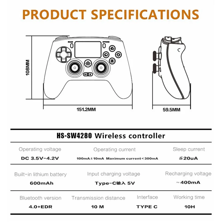 TOPWOLF HS-PS4280 Bluetooth-compatible Gamepad RGB Light 6-Axis Sensor Dual Vibration Game Controller for PS4 / PC
