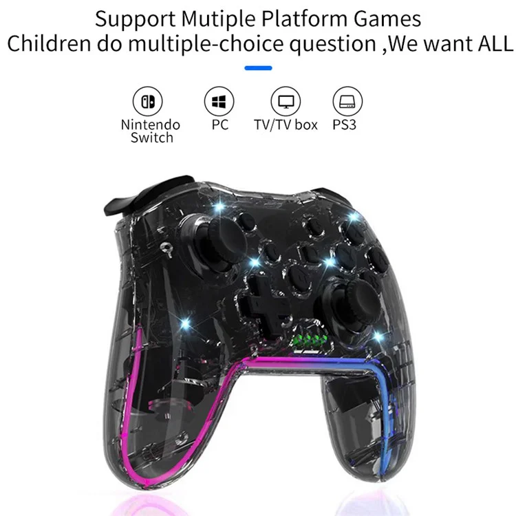 NS015 Para Nintendo Switch / PS3 / Ordenador Personal / TV Bluetooth Gamepad GRB Light Clear Dual Vibration Game Controller - Negro Transparente