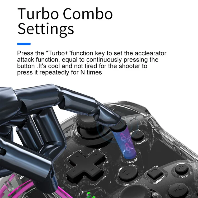 NS015 Para Nintendo Switch / PS3 / Ordenador Personal / TV Bluetooth Gamepad GRB Light Clear Dual Vibration Game Controller - Negro Transparente