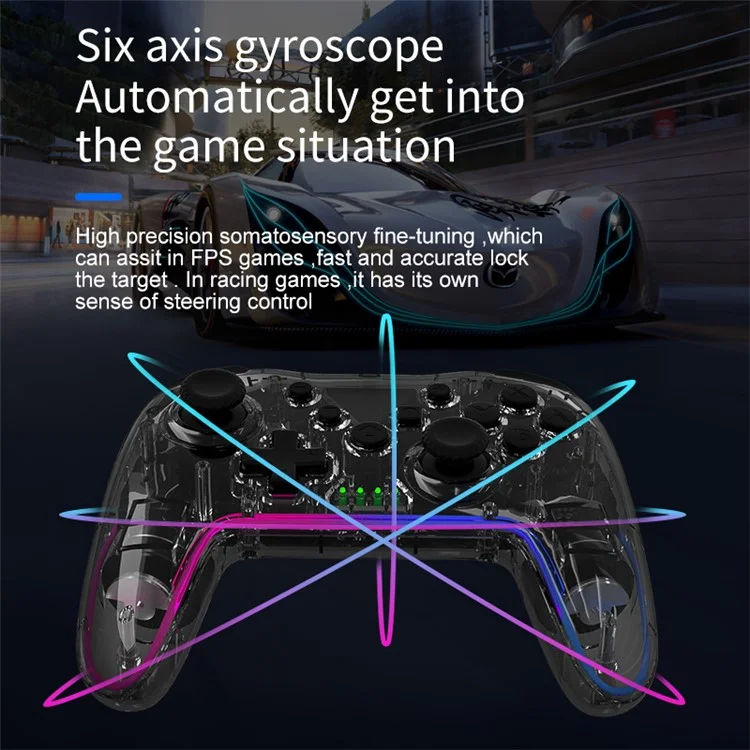NS015 Para Nintendo Switch / PS3 / Ordenador Personal / TV Bluetooth Gamepad GRB Light Clear Dual Vibration Game Controller - Negro Transparente